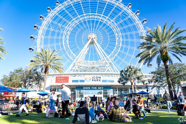 Visitors enjoy ICON Park, a 20-acre attraction park in the Universal neighborhood of Orlando.