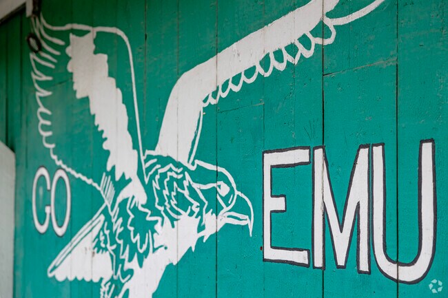 Businesses throughout Midtown sport murals and flags showcasing team pride for EMU.