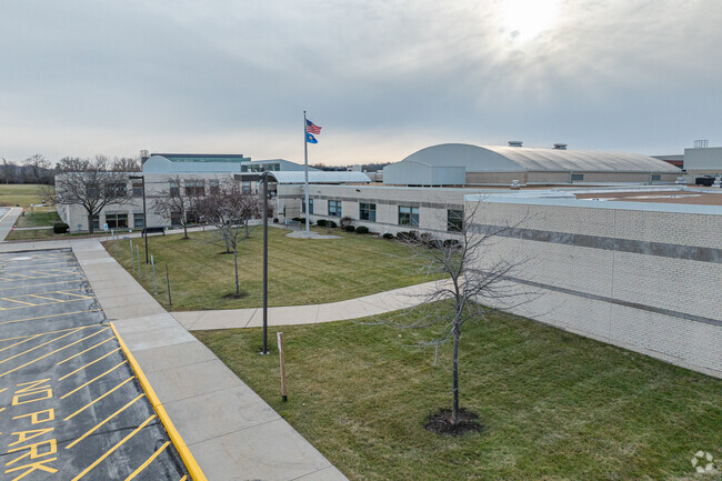 An aerial of the entrance at Swanson Elementary School.
