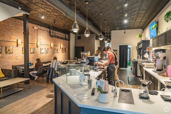 Heslop Morningview residents enjoy coffee at the Asterisk Coffee Bar in downtown Cuyahoga Falls.