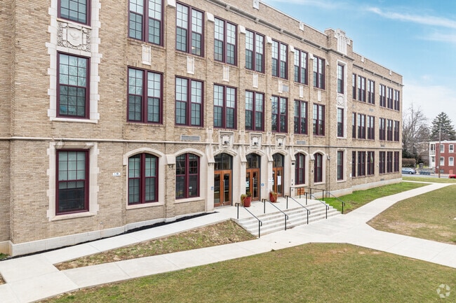 The main entrance of Reynolds Middle School is an iconic sight in its neighborhood.