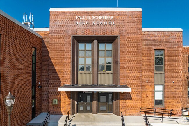 This is the main entrance to Paul D Schreiber High School in Port Washington.