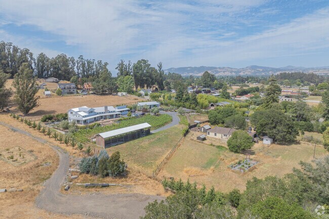 In the outskirts of Cotati, farm houses stretch out on large lots with vineyards and farmland.