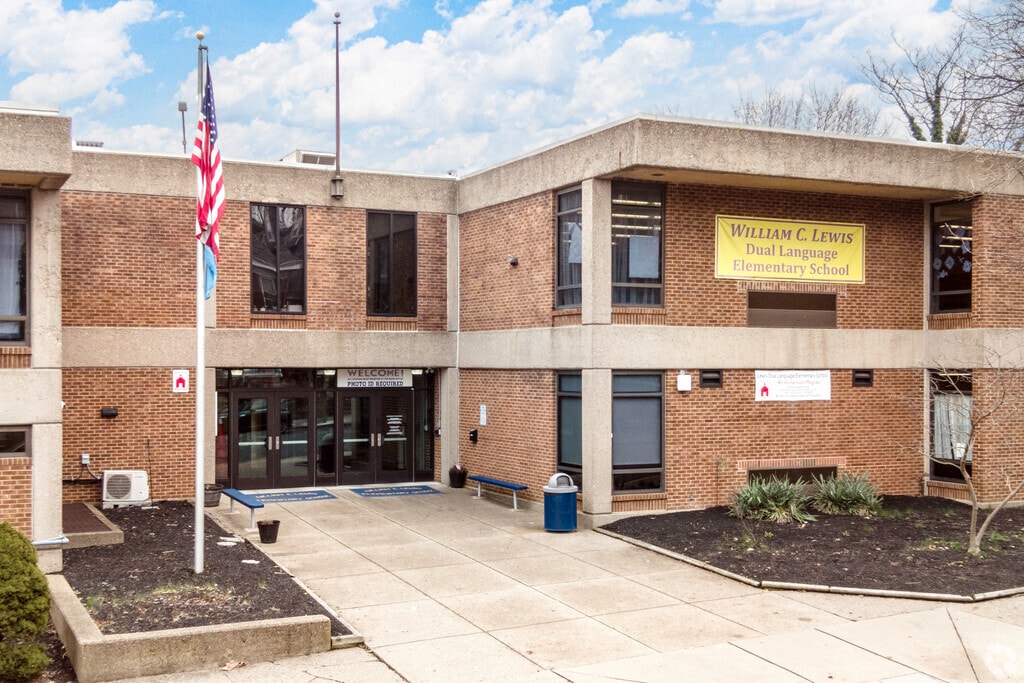 Front entry shot of Lewis (William C.) Dual Language Elementary School