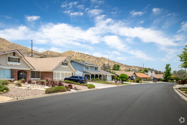 A variety of home styles are seen in a Moreno Valley neighborhood.