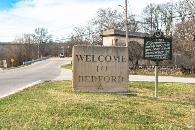 People are welcomed by welcome signs at the entrances of Bedford.