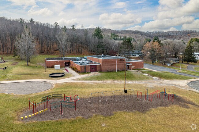 Knapp Elementary School has a colorful playground in front of the school.