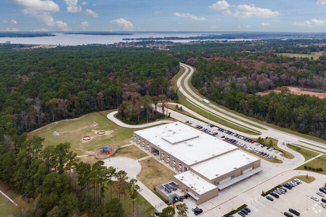 Lake Conroe can be seen in the distance from above Eddie Ruth Lagway Elementary.