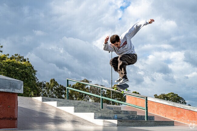 Amelia Mayberry Skatepark has diverse obstacles spread over a wide-open space in Norwalk.