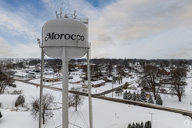 Morocco water tower rises above town near U.S. Route 41 in Newton County.