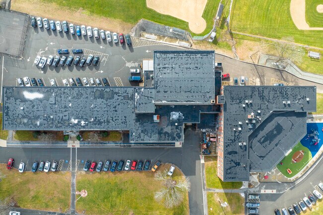 An aerial top-down view of Vincent M. Igo Elementary School in Foxborough.