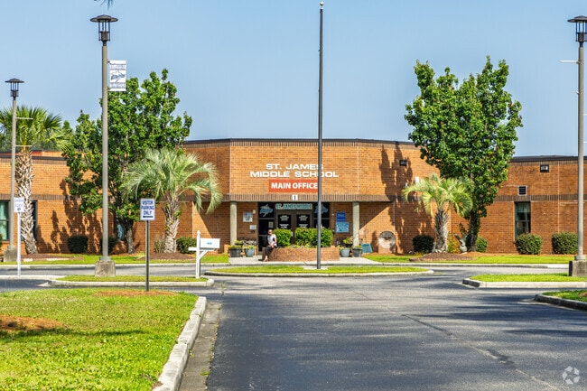 Visitor parking is clearly designated at the front circle of St. James Middle School.