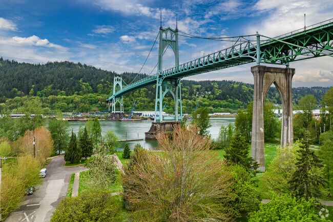 St. John's Bridge connects Cathedral Park and Forest Park across the Willamette River.