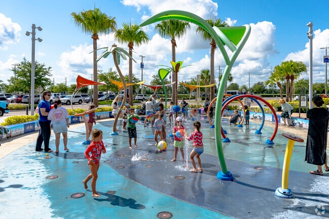 Kids and adults can cool off on a hot day at the splash pad at Tanger Outlets in Neighborhood K.