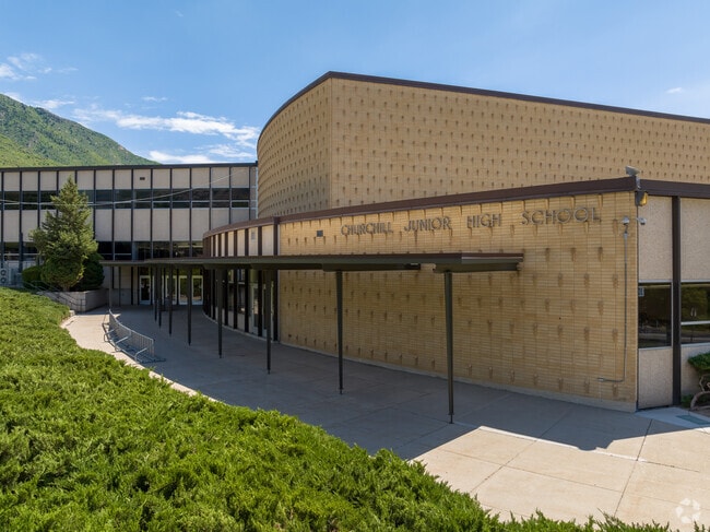 The formal entrance to Churchill Junior High has an interesting mid-century modern feel.