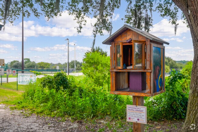 Guests at Lake Mayer Park can exchange books at the Little Free Library.