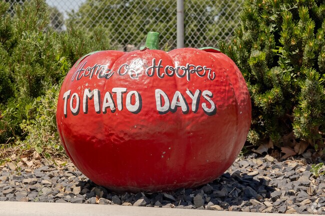A giant tomato that says Home of Hooper Tomato Days at Hooper Park.