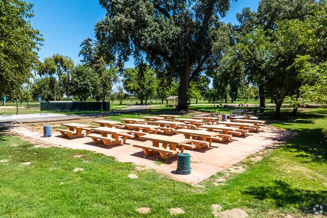 Hickey Park's picnic areas are surrounded by mature trees.