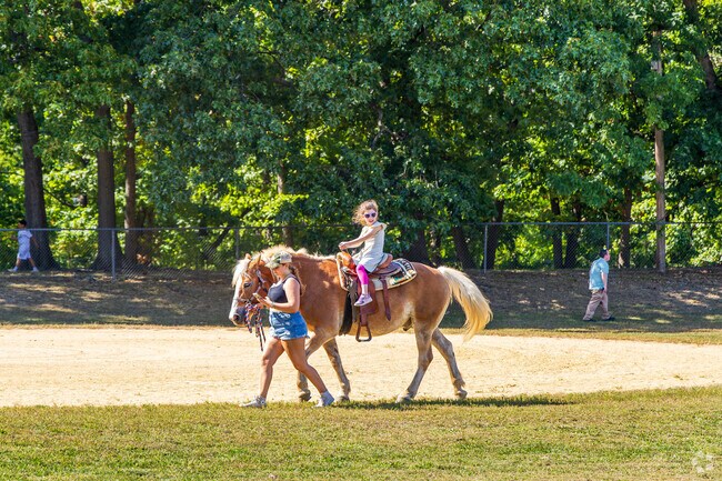 Children enjoy petting and riding horses during Fair Lawn Day festivities.