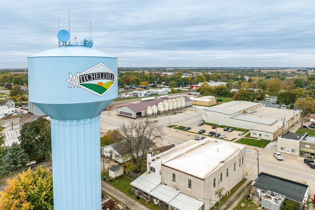 Mitchellville’s water tower rises above homes near the town center.