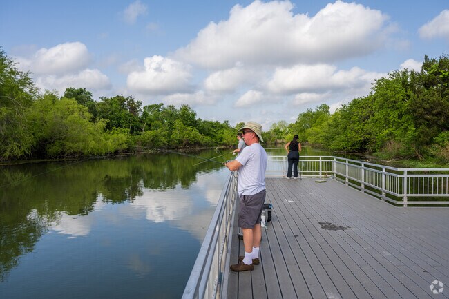Ranch at Deer Creek residents enjoy walking, kayaking, and fishing at Lakeline Park.