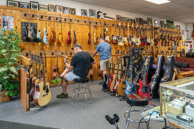 Patrons of Lloyd's Guitars in Green Bay's Marquette Park browse the store's vast collection.