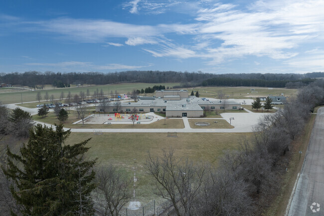 An aerial view of the large fields at Stone Bank Elementary School.