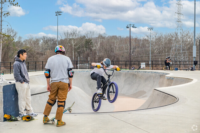 Skateboarding enthusiasts carve up the ramps at  Wakefield Skateboard Park near Woodburn.