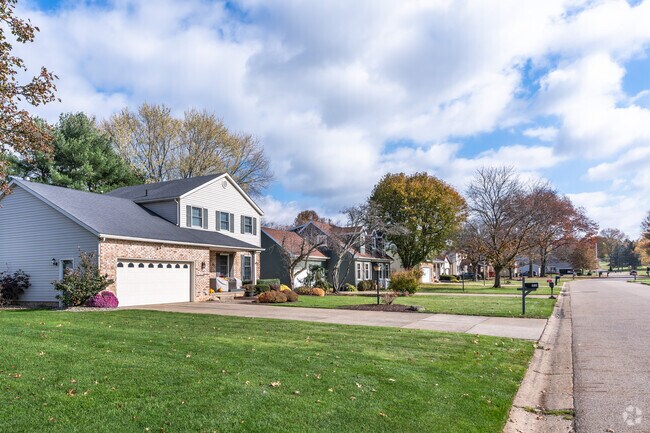 There are many two story homes with manicured lawns in the Martindale Park neighborhood.