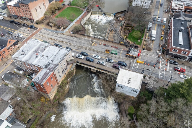 An aerial view of the waterfalls in Chagrin Falls.