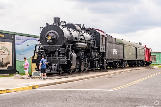 Historic steam engines stand near Paducah's riverfront.