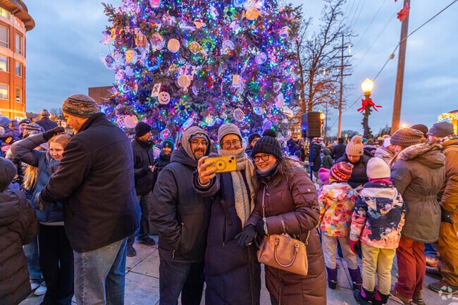 Many selfies are taken at the Tree Lighting Ceremony in Downers Grove.