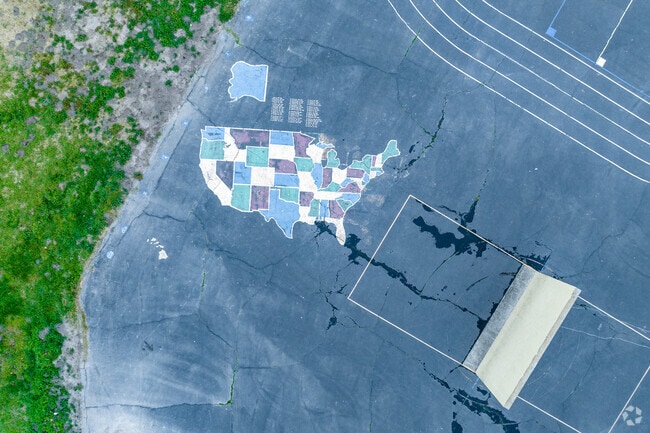 The US map is painted on the blacktop at Matsuyama Elementary School.