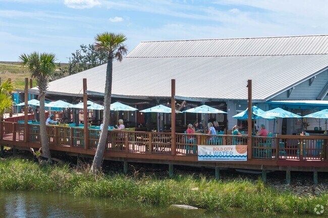 Palms Fish Camp offers shaded outdoor seating all year round.