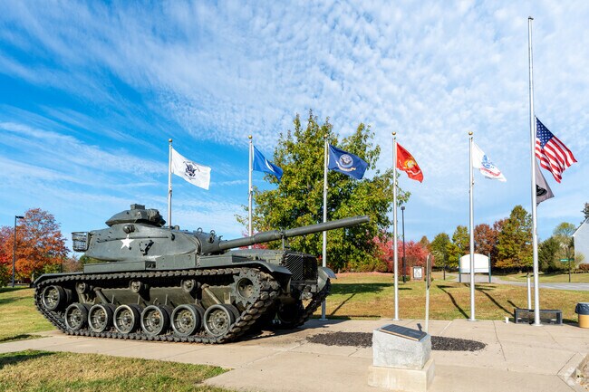 Veterans Park has a 1970's vintage Army tank on display, along with flags of the armed forces.