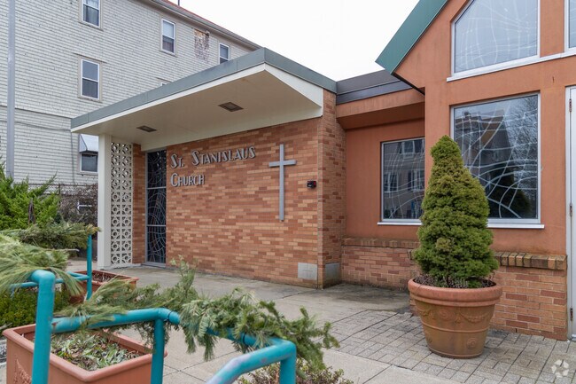 A closer look at Saint Stanislaus Church in Fall River, Massachusetts.