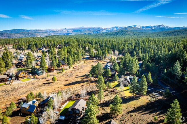 Expansive mountain views surround homes nestled among evergreen forests.