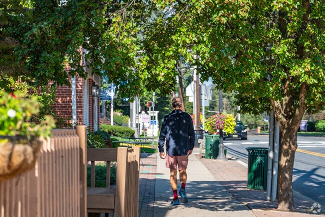 The sidewalks of Lawrenceville provide plenty of shade as residents walk through town.