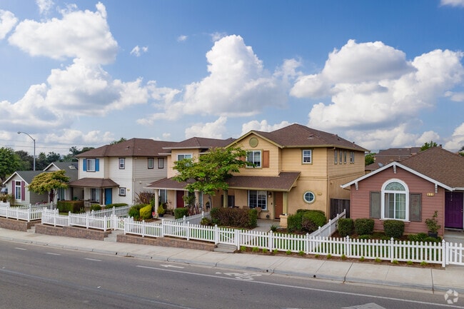 A row of two-story modern Tudor homes in Bolsa Knolls, Salinas, California.