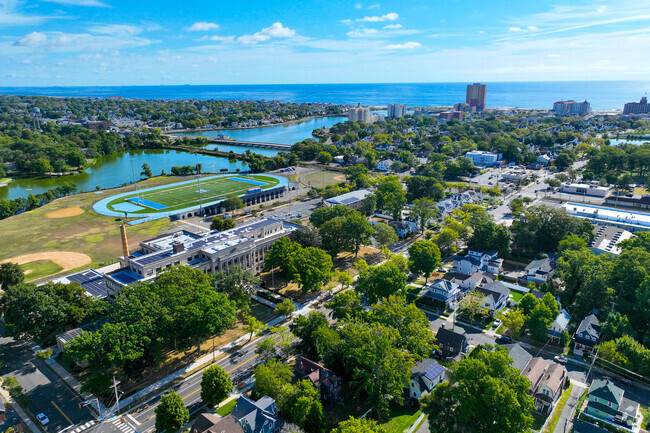Asbury Park High School river and ocean in back overview.