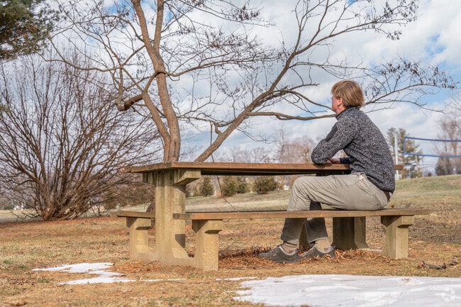 Locals enjoy relaxing at the picnic tables in Chesterfield Park on a warm winter day.
