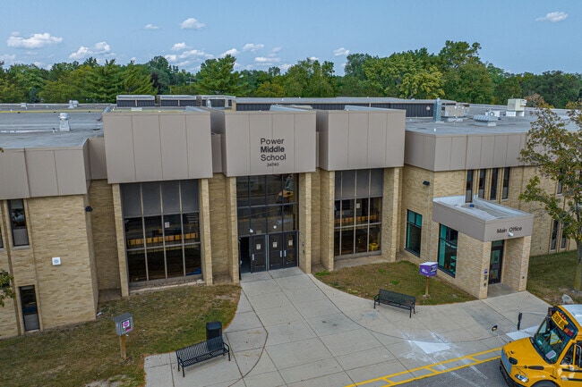 Entrance of Power Middle School has multiple ways to get inside from the front in Farmington.
