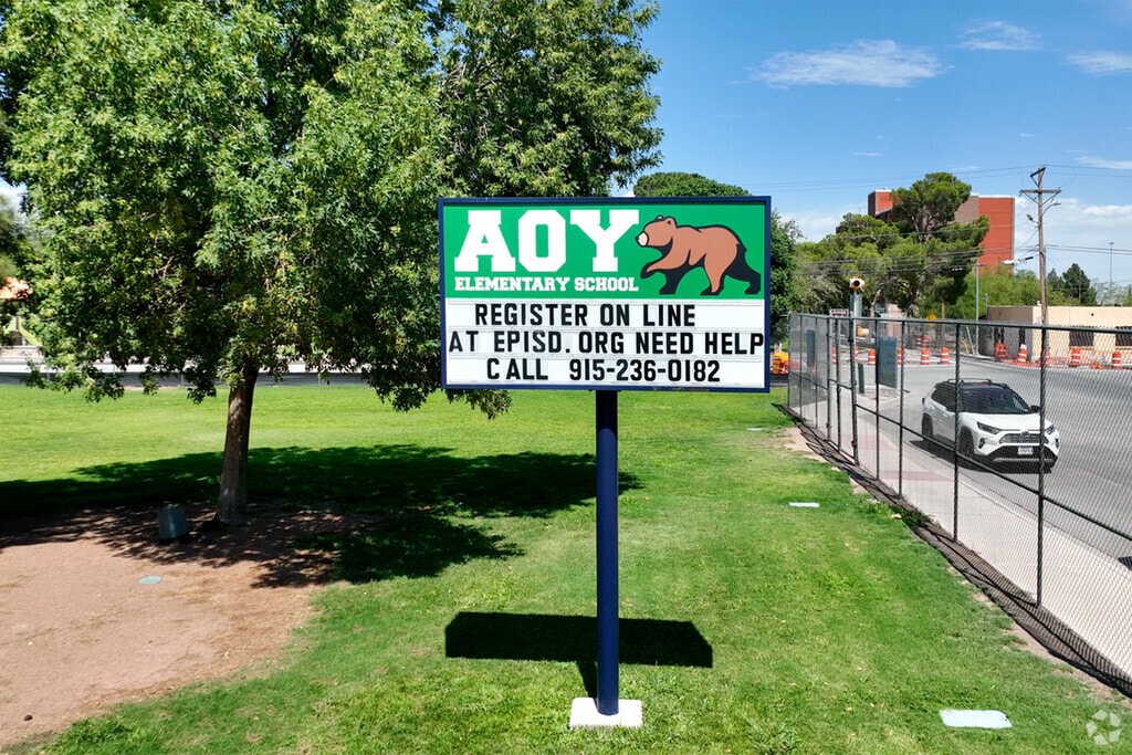 The Aoy Elementary School marquee greets visitors to the campus.