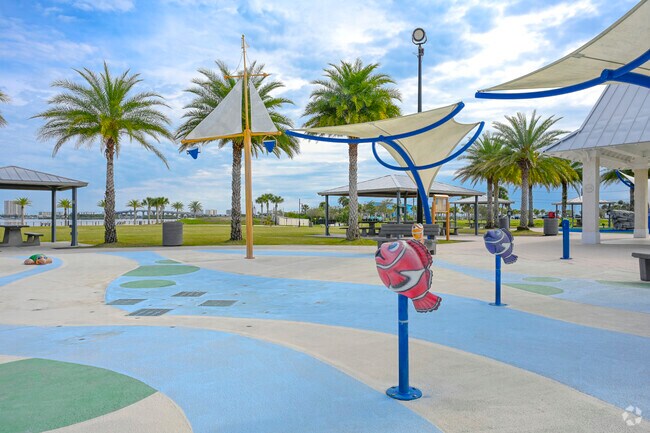 In the warmer months kids can frolic and play at the splash pad at Riverwalk Park.