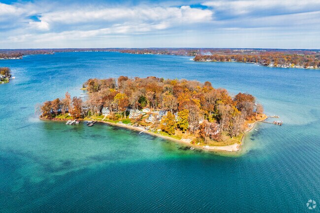 Gull Lake Island includes a collection of homes on a private island.