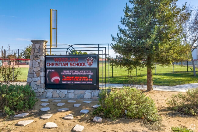 The entrance to Woodland Christian School has a beautiful digital sign.