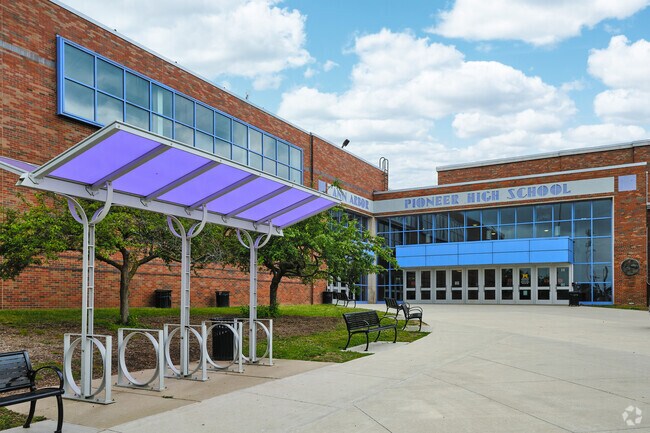 Bike storage for students at the entrance to Pioneer High School.