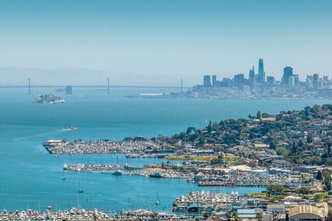 Marin City sits just beside Highway 101 and Sausalito with the City in the background.
