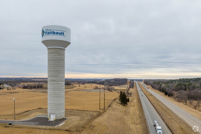 A water tower welcomes people along Interstate 35 to Faribault.