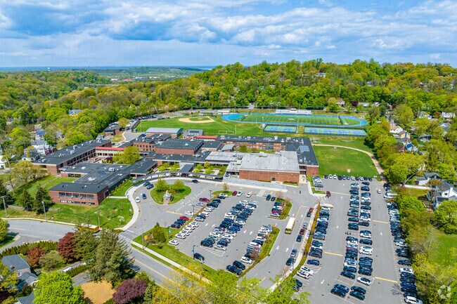 This aerial view shows the campus of Roslyn High School in Roslyn Heights.